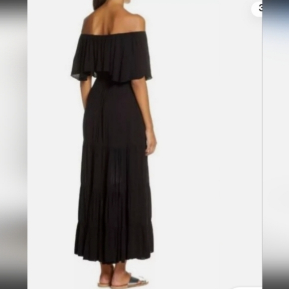 Elan Classic Black Off The Shoulder Ruffle Top Tiered Flowy Silky Bohemian Maxi - Picture 2 of 6